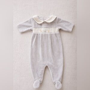 Kissy Kissy Newborn Velour Footie Romper Grey & Ivory Embroidered Luxury Baby